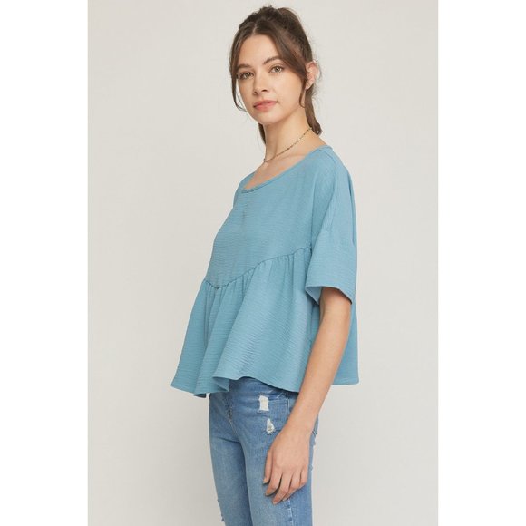 Entro Round Neck Babydoll Top, Blue - Picture 3 of 7